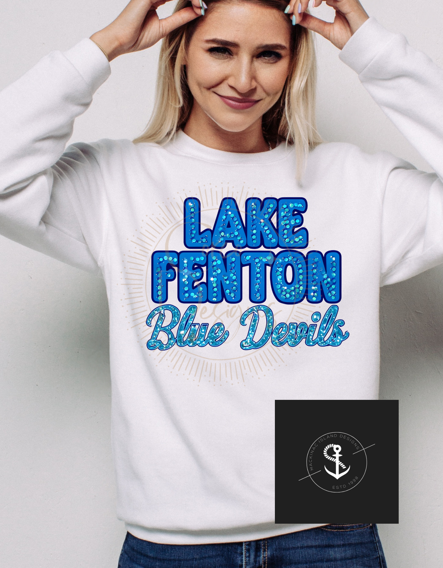 Champion Lake Fenton Blue Devils Crewneck Sweatshirt Glitter Faux Sequin Adult Sizes Small - XL 32.00 2x 3x 36.00
