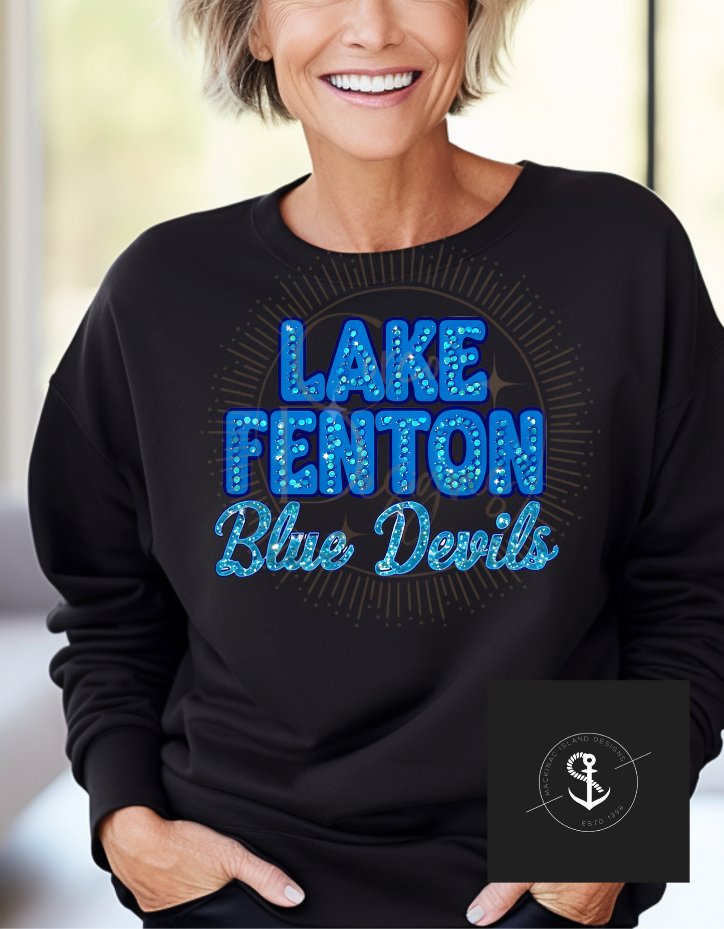 Champion Lake Fenton Blue Devils Crewneck Sweatshirt Glitter Faux Sequin Adult Sizes Small - XL 32.00 2x 3x 36.00