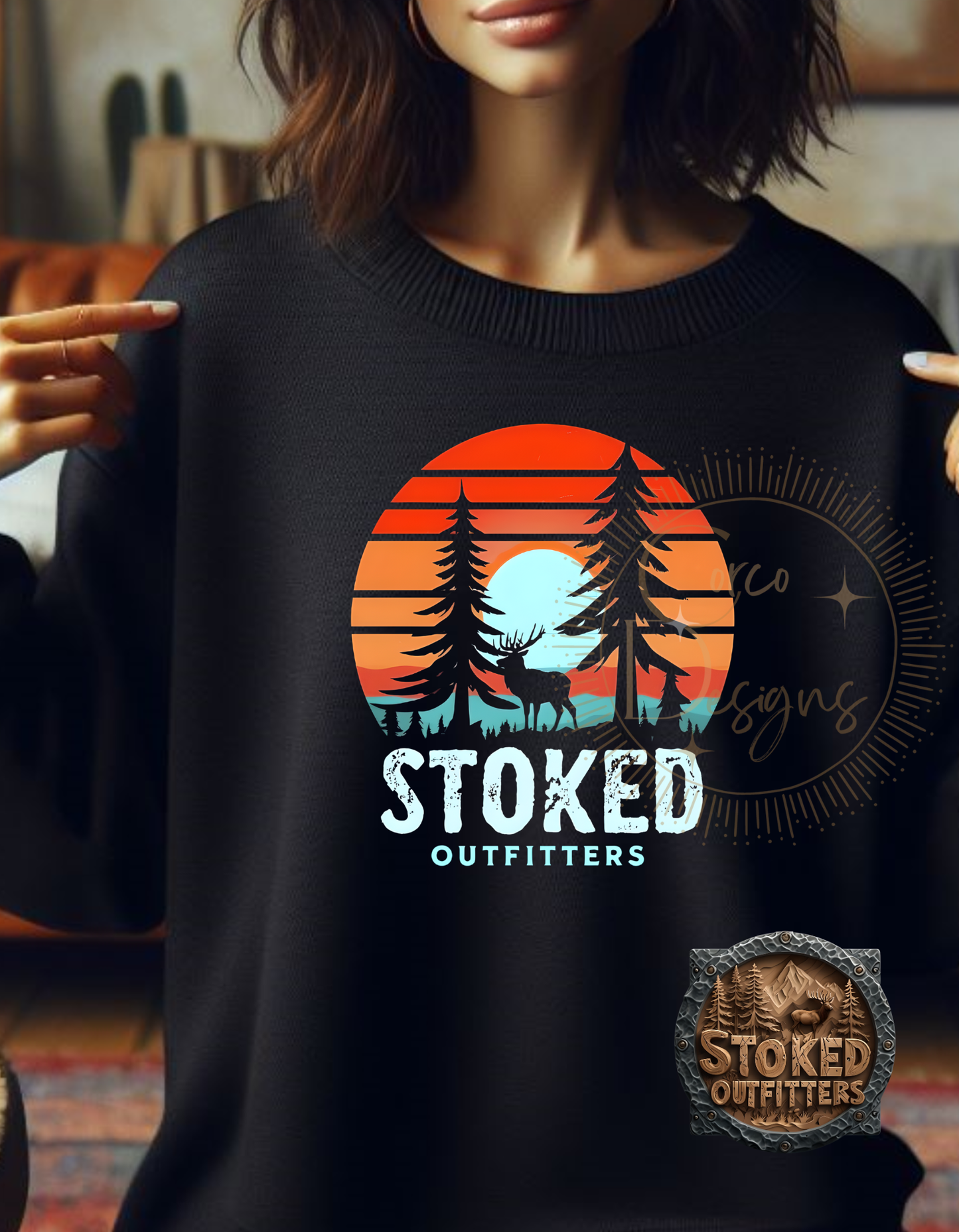 Ombre Stocked Outfitter Deer Sunset Crewneck Sweatshirt Sizes S-5XL