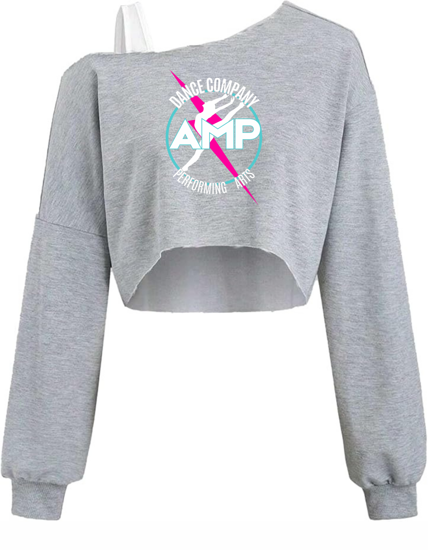 AMP Dance Co. Performing Arts Cropped Asymmetrical Sweatshirt Off the Shoulder Youth Sizes 8 10 12 14 (Copy)