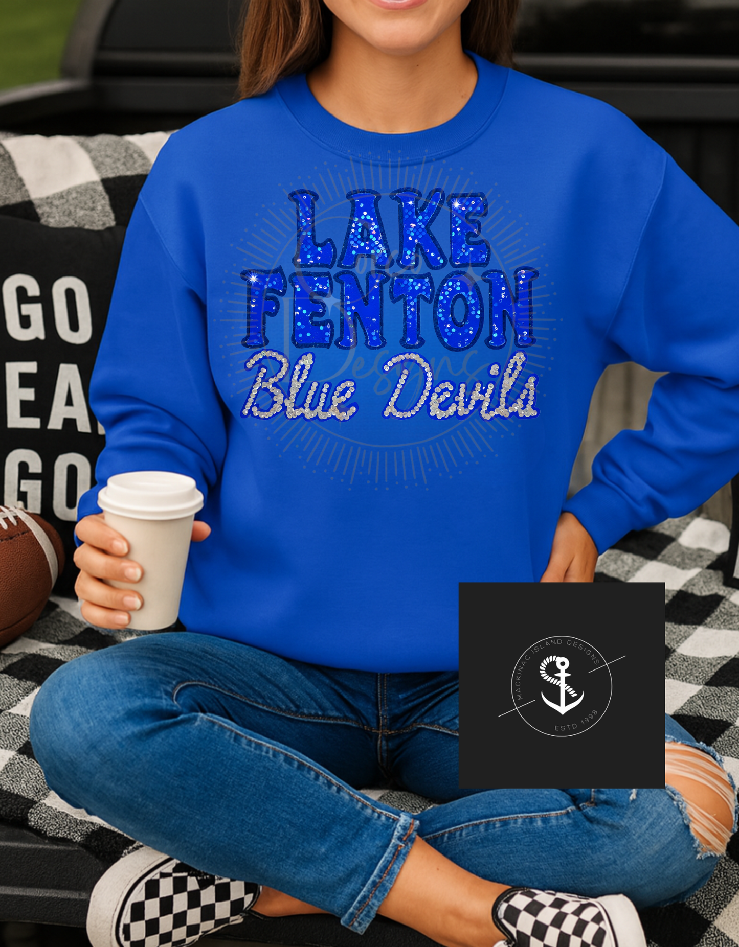 Champion Lake Fenton Blue Devils Crewneck Sweatshirt Glitter Faux Sequin Adult Sizes Small - XL 32.00 2x 3x 36.00