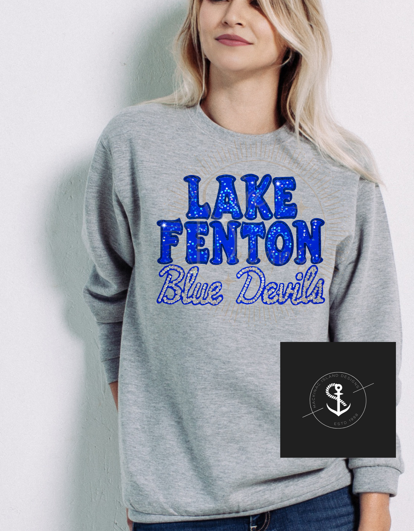 Champion Lake Fenton Blue Devils Crewneck Sweatshirt Glitter Faux Sequin Adult Sizes Small - XL 32.00 2x 3x 36.00