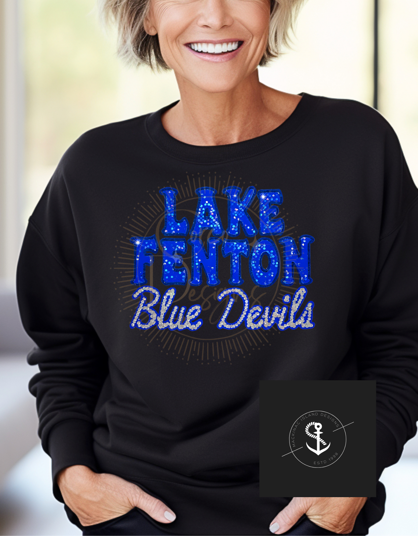 Champion Lake Fenton Blue Devils Crewneck Sweatshirt Glitter Faux Sequin Adult Sizes Small - XL 32.00 2x 3x 36.00