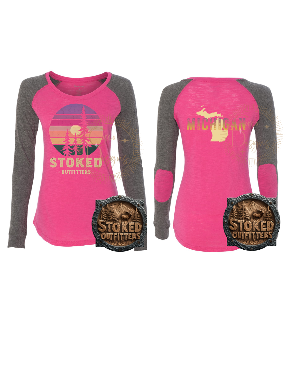 Women’s Preppy Patch Slub Long Sleeve T-Shirt – Michigan Ombre | Hot Pink &amp; Gray | XS–XL by Stoked Outfitters