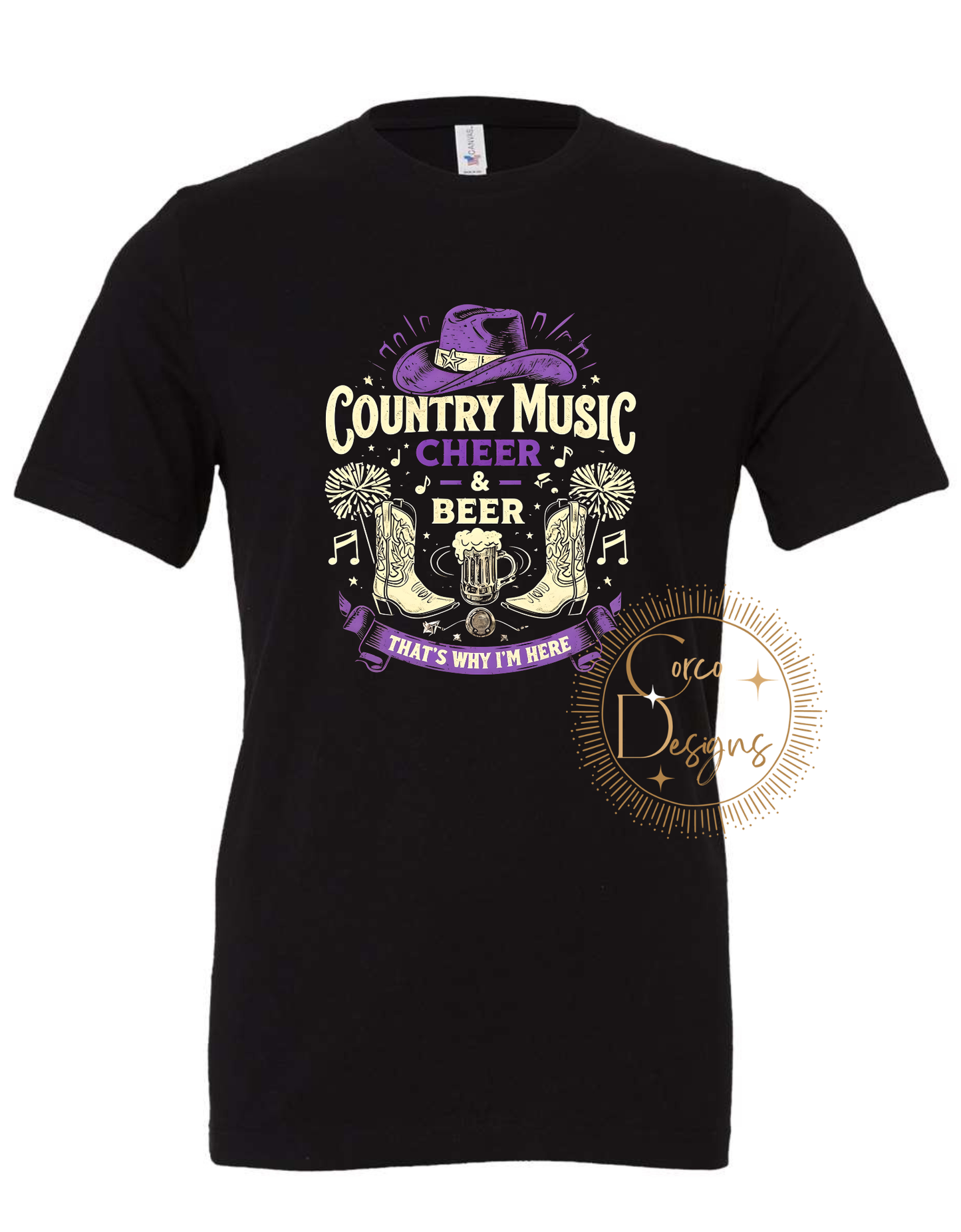 Country Music and Cheer That's Why I'm Here Bella Canvas T-Shirt Sizes Youth and Adult