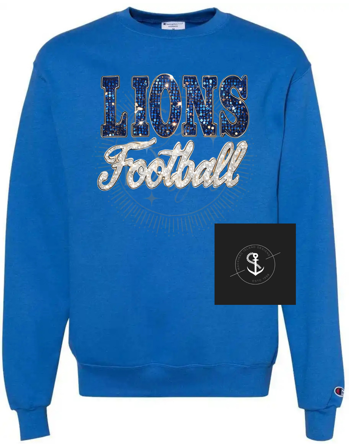 Champion Lions Football  Crewneck Sweatshirt Glitter Faux Bling Adult Sizes Small - XL 32.00 2x 3x 36.00