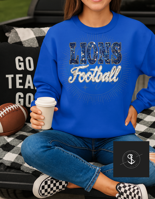 Champion Lions Football  Crewneck Sweatshirt Glitter Faux Bling Adult Sizes Small - XL 32.00 2x 3x 36.00
