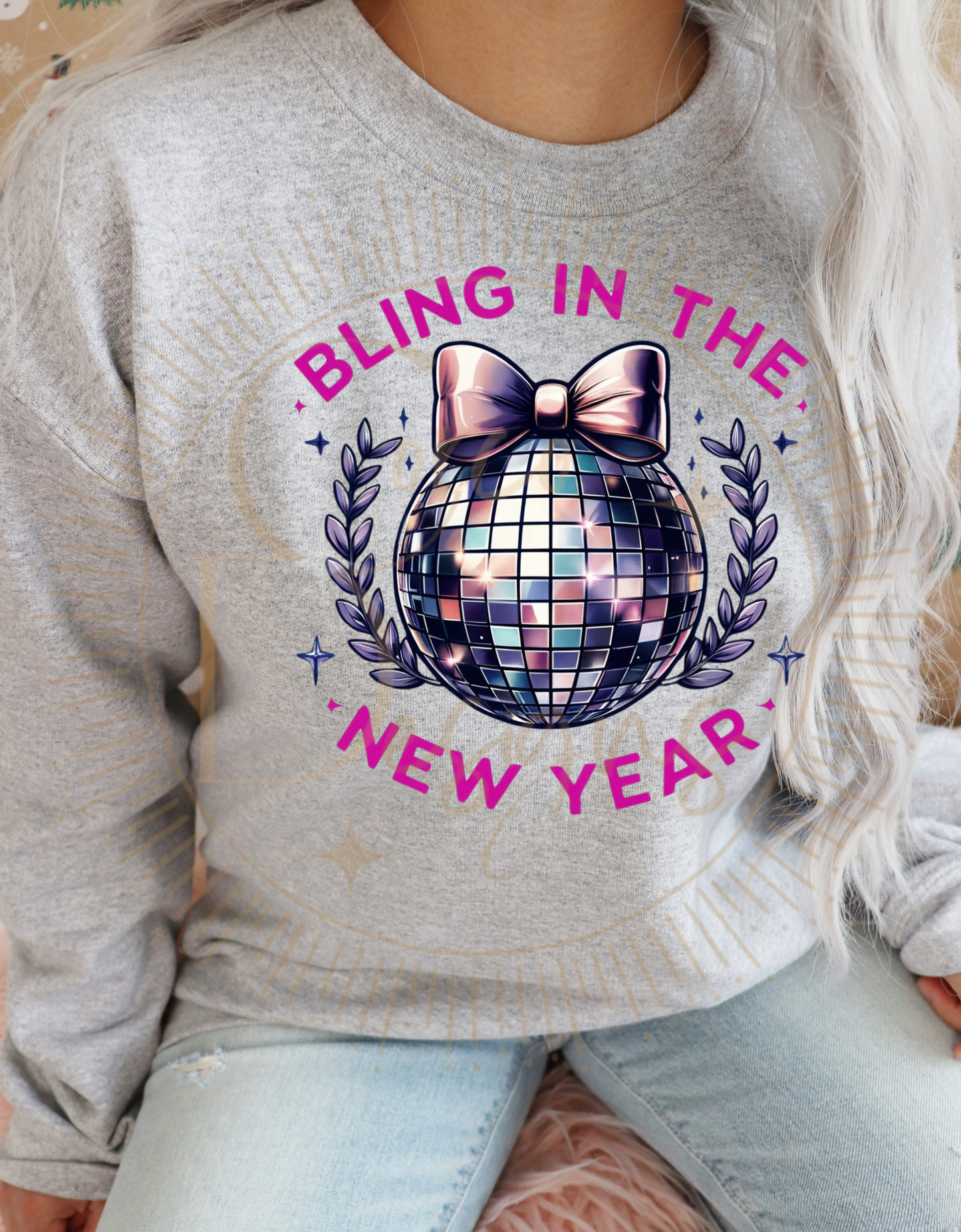 Bling In The New Year Crewneck Sweatshirts White or Heather Gray with Pink or Blue Design Sizes Unisex S-5XL