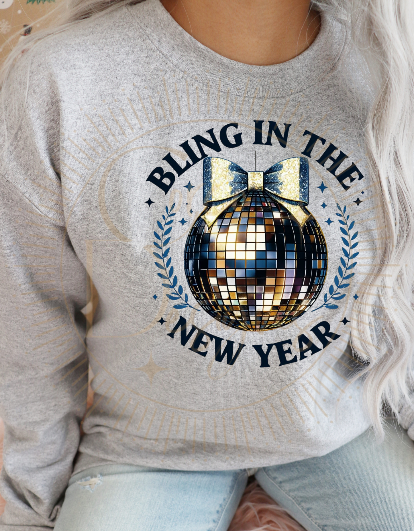 Bling In The New Year Crewneck Sweatshirts White or Heather Gray with Pink or Blue Design Sizes Unisex S-5XL