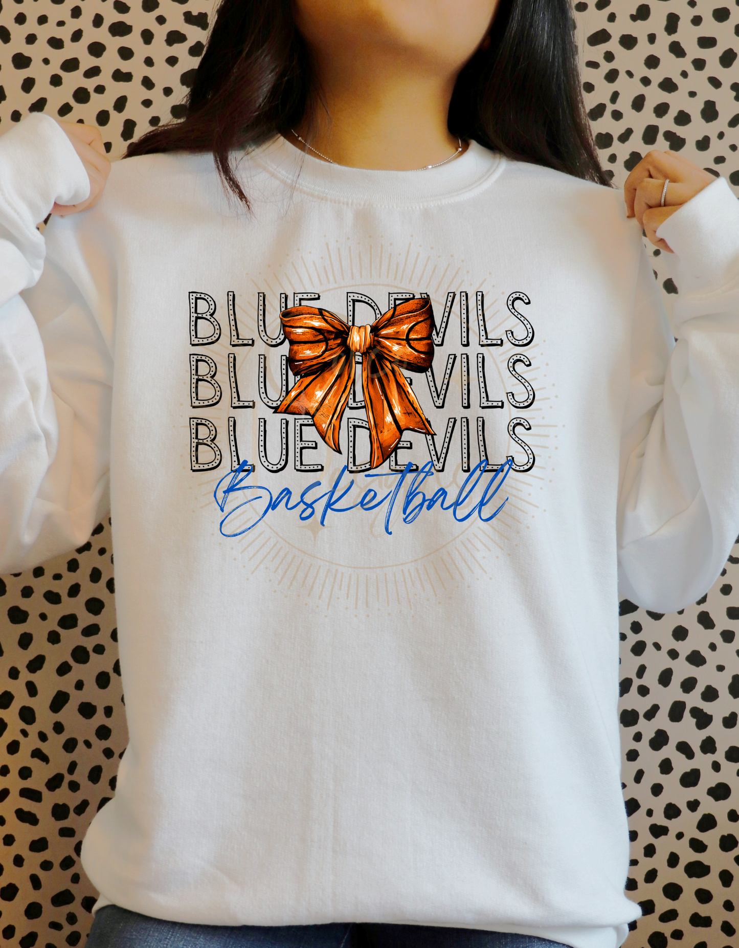 BLUE DEVILS BASKETBALL BOW SWEATSHIRT SIZES SMALL - 5XL, BASKETBALL MOM, PERSONALIZED