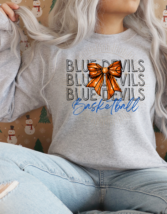 BLUE DEVILS BASKETBALL BOW SWEATSHIRT SIZES SMALL - 5XL, BASKETBALL MOM, PERSONALIZED