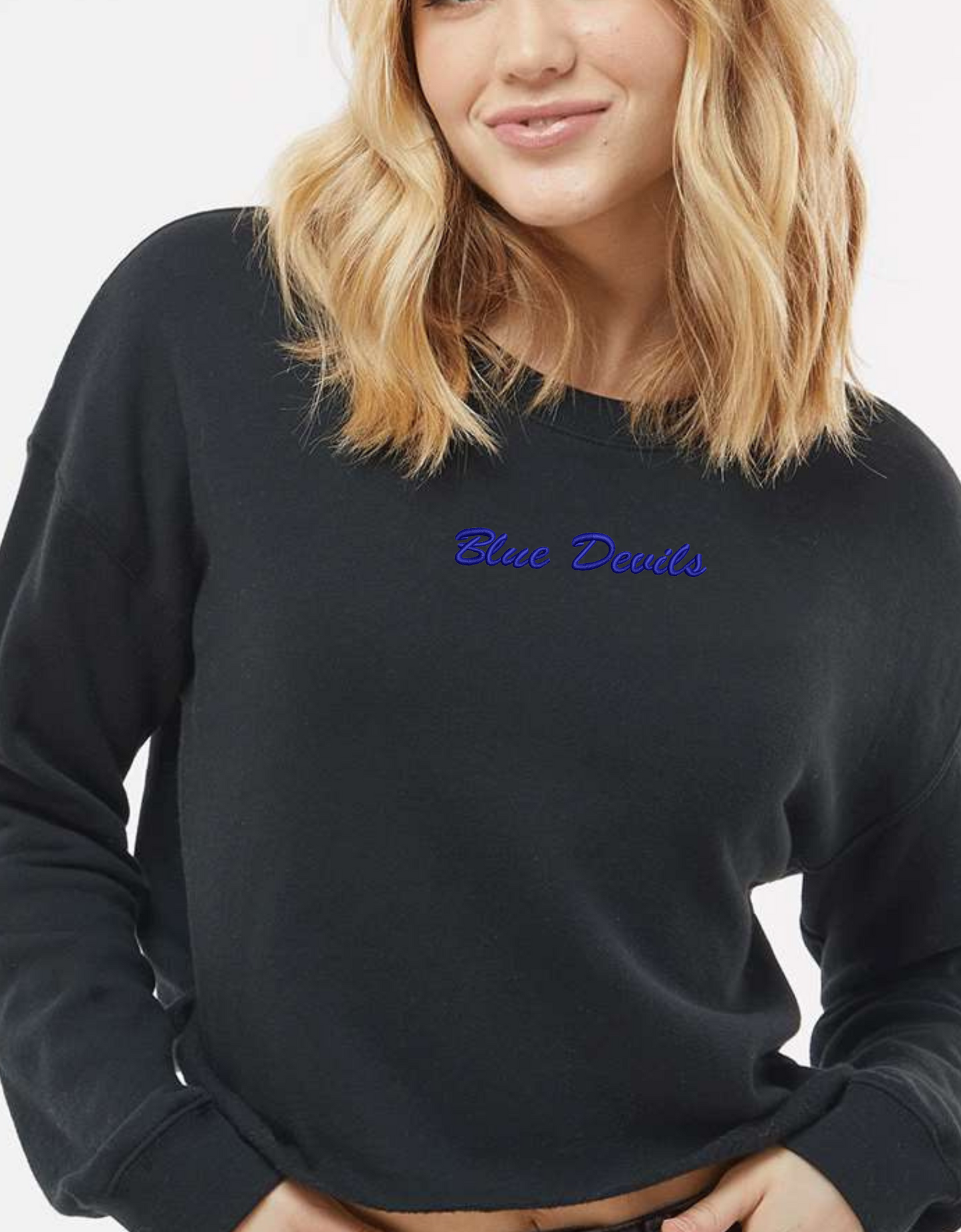 Blue Devils Crewneck Crop Sweatshirt Adult Sizes XS-2XL, Embroidered Blue Devils in Royal Blue