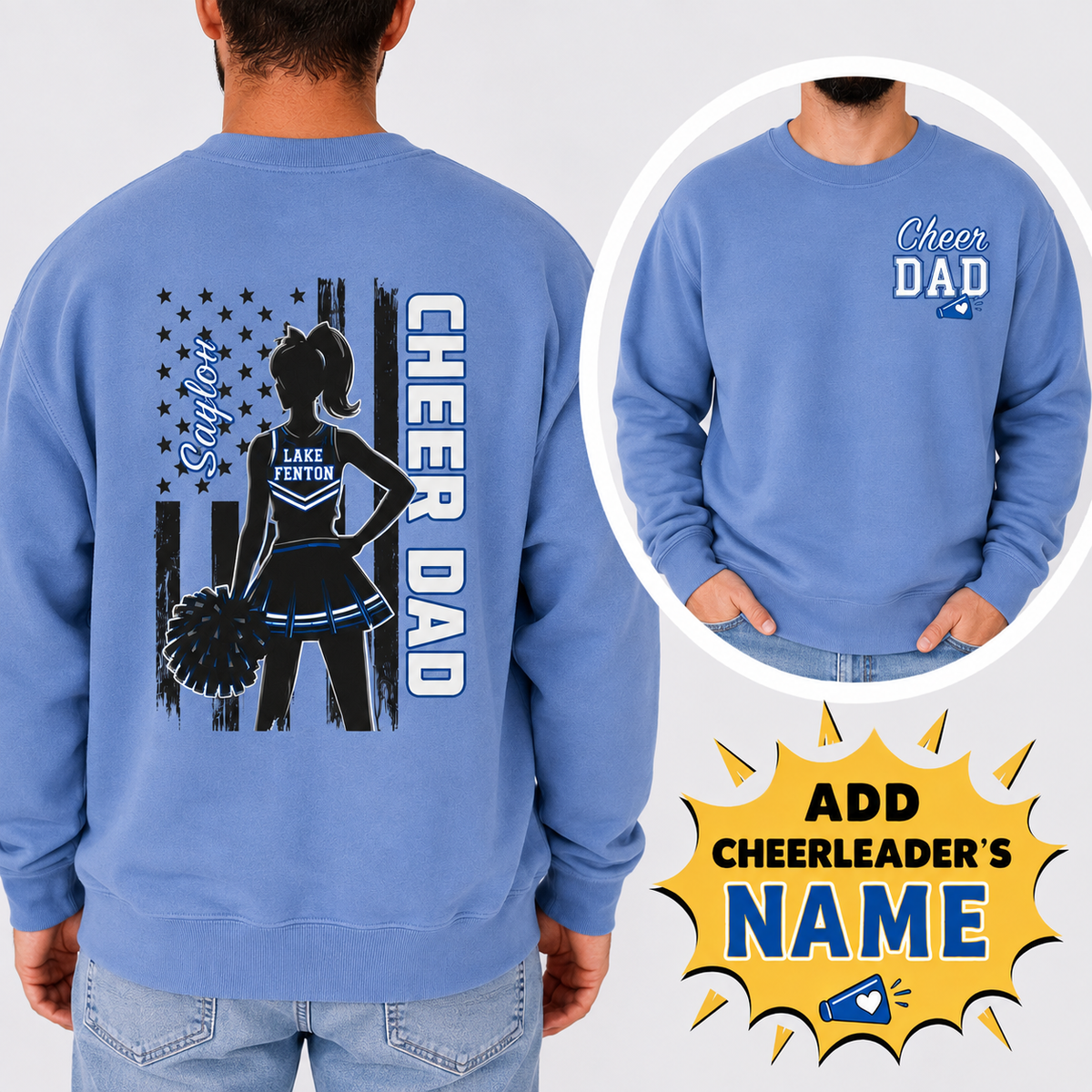 LAKE FENTON Cheer Dad PERSONALIZED SWEATSHIRT or T-Shirt COMFORT COLORS SIZES S-4XL ADULT
