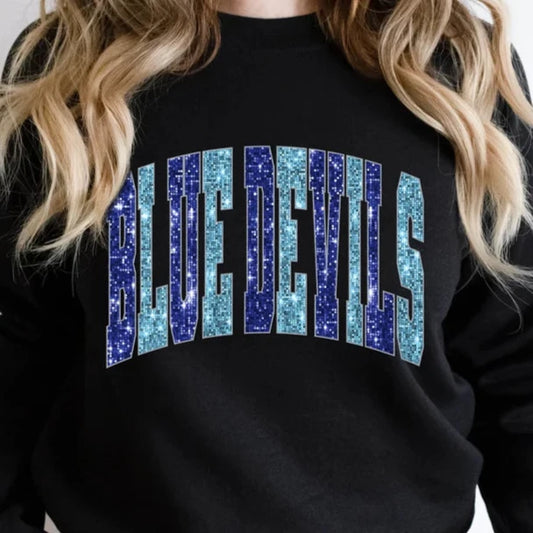 Blue Devils Faux Glitter Crewneck Sweatshirt Sizes Small-5XL Adult Sizes