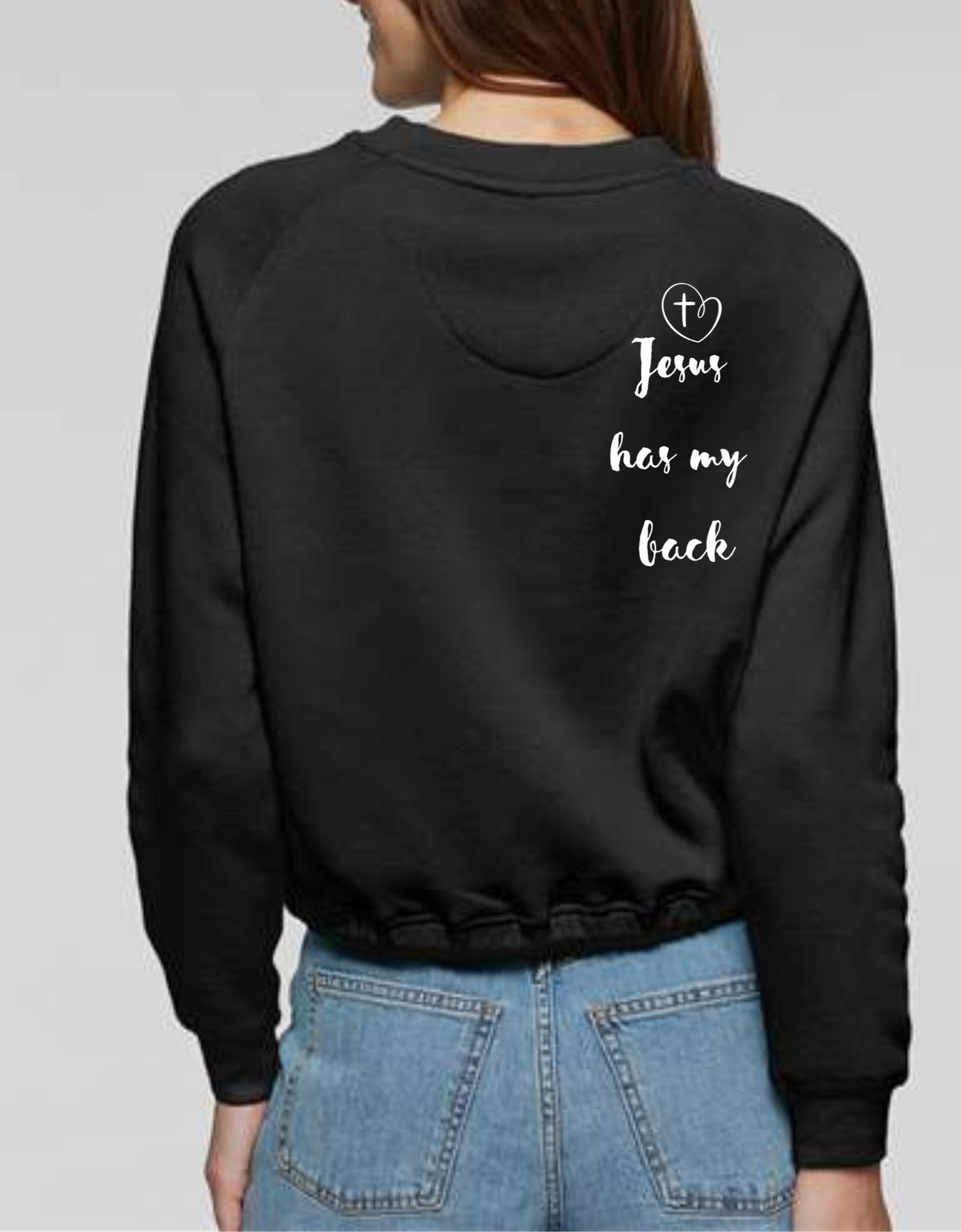 Jesus Has My Back Cross Heart Graphic LAT Long Sleeve Drawstring Waiste Shirt Sizes Small-XL