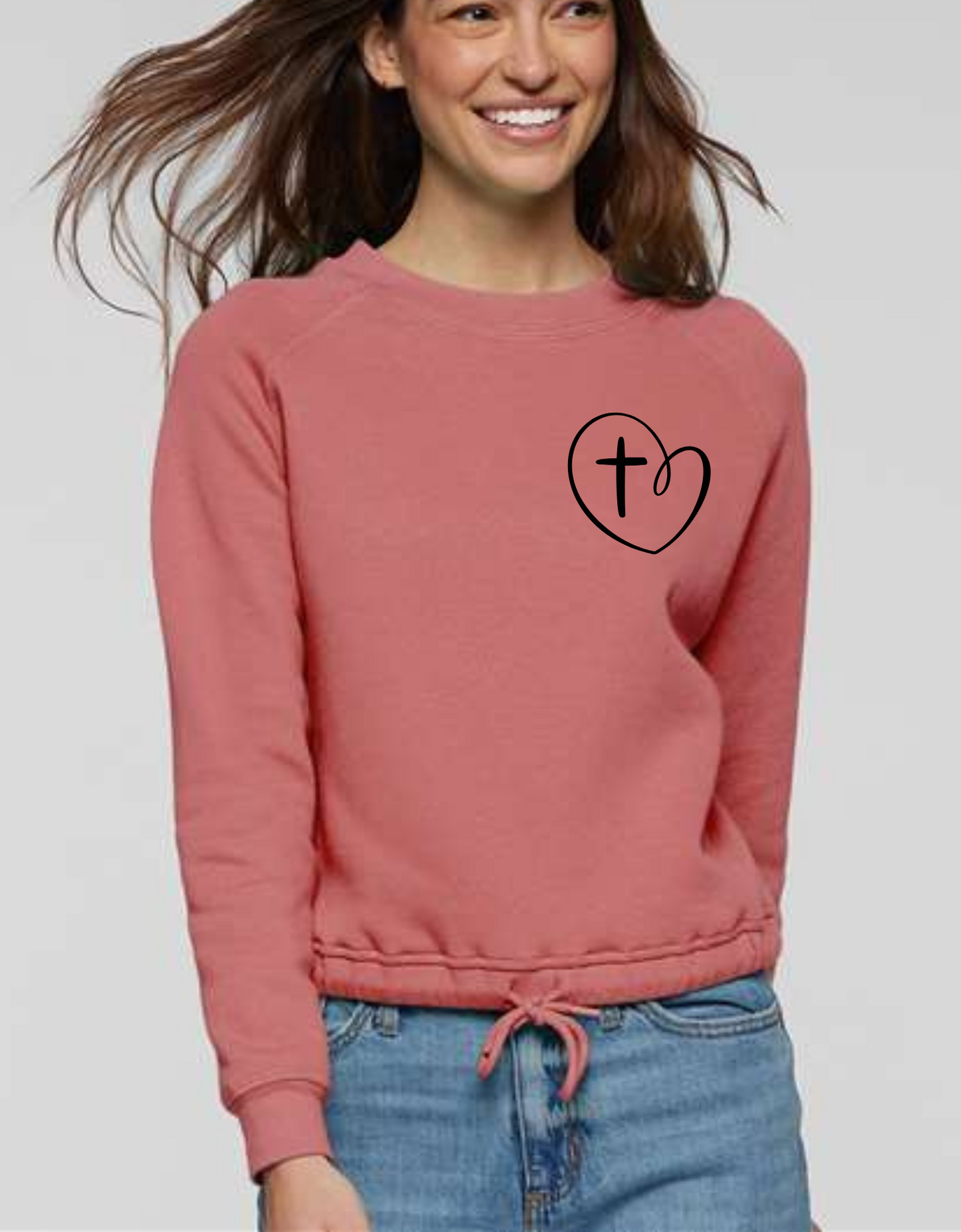 Jesus Has My Back Cross Heart Graphic LAT Long Sleeve Drawstring Waiste Shirt Sizes Small-XL