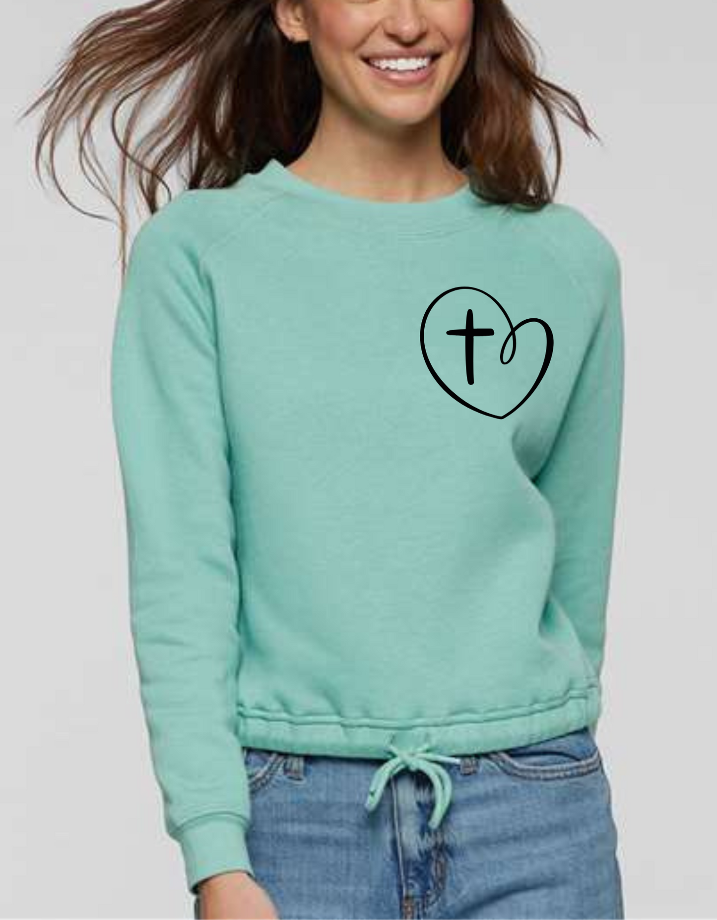 Jesus Has My Back Cross Heart Graphic LAT Long Sleeve Drawstring Waiste Shirt Sizes Small-XL