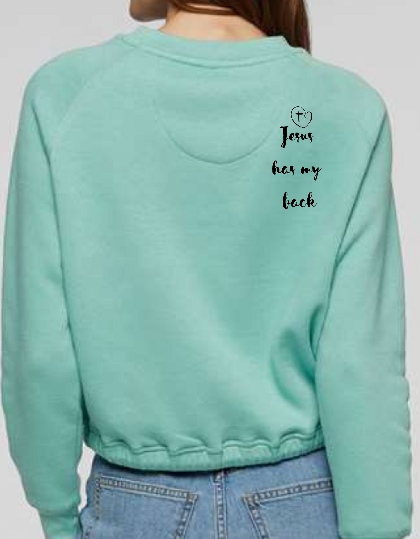 Jesus Has My Back Cross Heart Graphic LAT Long Sleeve Drawstring Waiste Shirt Sizes Small-XL