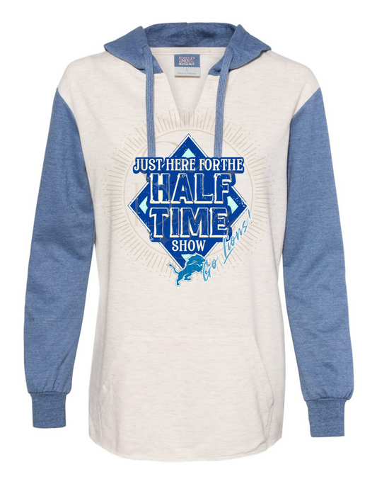 Superbowl Here For The Half Time Show Go Lions MV Sport Women’s French Terry Hooded Pullover with Colorblocked Sleeves Sizes Small-2XL